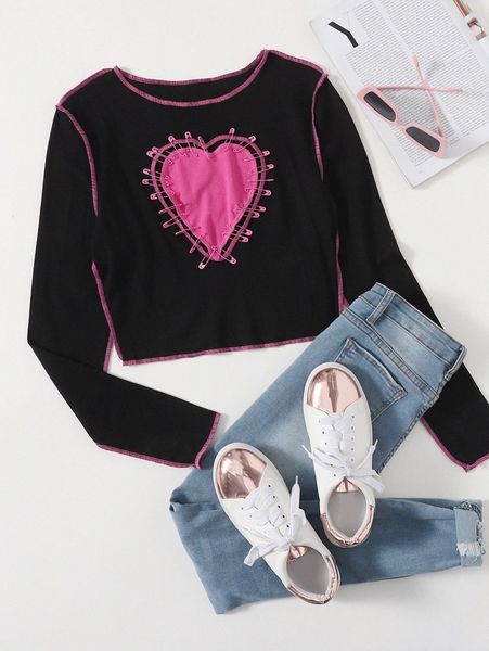

plus stitching clip heart pattern tee y13s#, Black