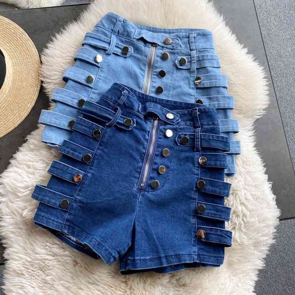 

women's shorts summer denim shorts women's high waist slimming casual side metal breasted motorcycle wide-leg ha5i, White;black