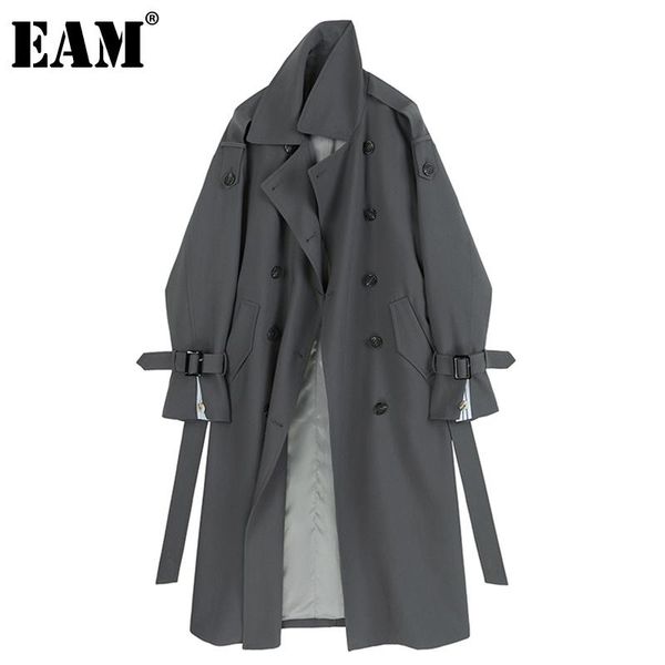 

eam] women double breasted long gray trench new lapel long sleeve loose windbreaker fashion tide spring autumn 2021 1dd5045, Tan;black