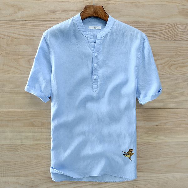 

2021 new design french style short-sleeved linen shirts casual breathable summer shirt men sky blue chest 120cm big camiseta xzsl, White