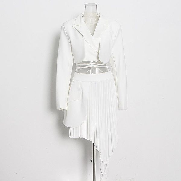 

two piece dress short design notched collar women blazer and unique irregular pleated skirt summer office lady sets, White