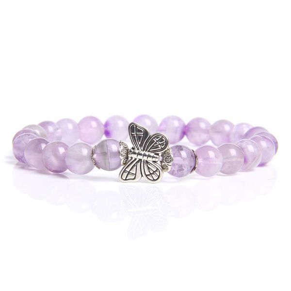 

beaded, strands natural amethysts qyartz crystal beads bracelet fashion antique silver color butterfly beaded charm for women jewelry, Black