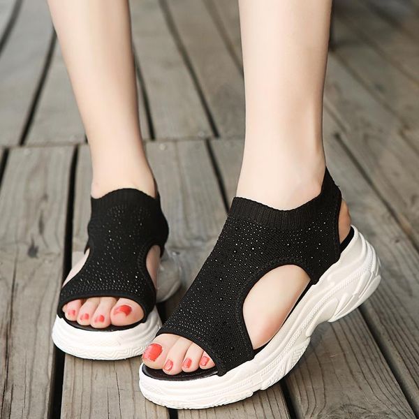 

sandals vogue women's elastic knit mesh platform summer thick sole crystal sport woman peep toe casual beach shoes, Black
