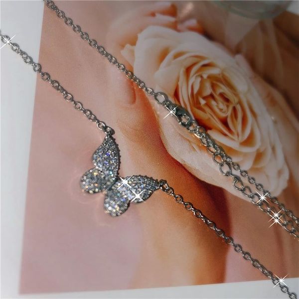 

new ladies full zircon butterfly necklace charm bling cz shiny crystal butterfly jewelry pendant fashion chain bijoux for women, Silver