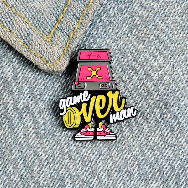 

pink arcade game machine enamel pin game over brooch denim jeans shirt bag retro jewelry gift for friends boy men, Blue