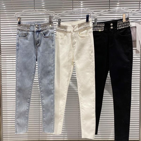 

2021 new spring arrival low waist strass button fly thin english style long denim pencil female jeans fr2b, Blue