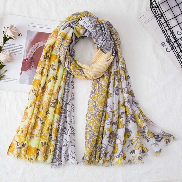 

lijiang style yellow flower decorative silk korean literature and art shawl cotton hemp scarf women travel sunshade beach towel, Blue;black