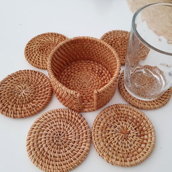 

mats & pads 6pcs/ drink coasters set for kungfu tea accessories round tableware placemat dish mat rattan weave cup pad diameter 8/10cm