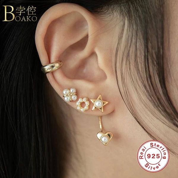 

stud boako 2pcs vintage pearl earring 925 sterling silver earrings for women pendiente piercing ohrringe earing luxury jewelry, Golden;silver