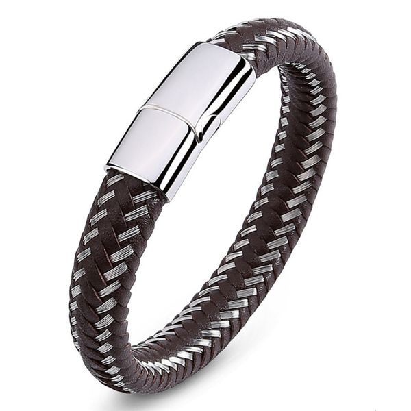 

cuff men's genuine leather bracelet stainless steel magnetic clasp bangles, White