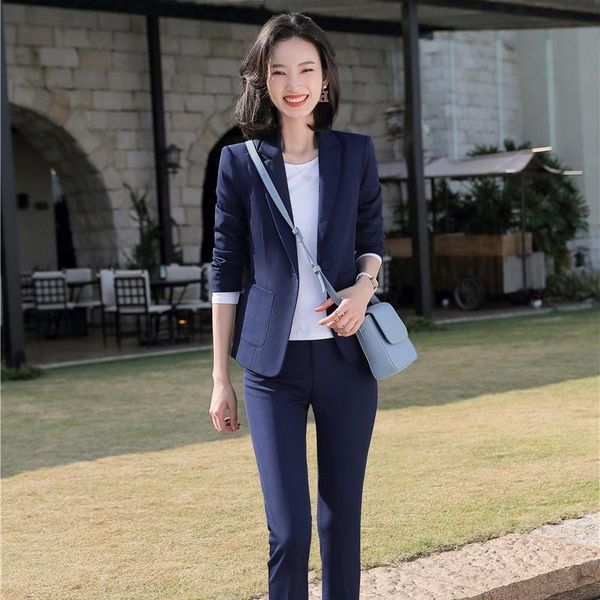 

women's two piece pants 2021 navy blue blazers women business suits formal office work wear ladies pant and jacket sets, White