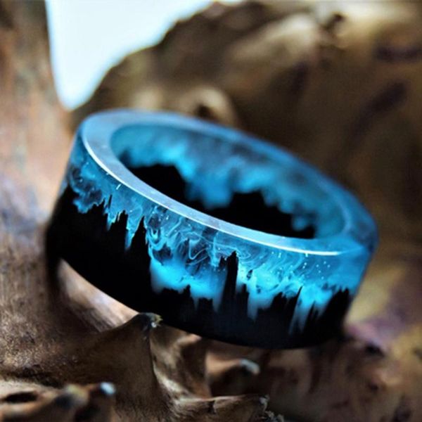 

cluster rings blue resin ring mountains wooden inside magical world in a tiny landscape for women men jewelry female finger punk, Golden;silver