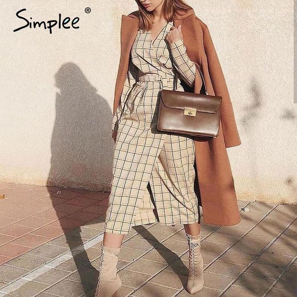 

casual dresses simplee elegant long sleeve plaid dress v-neck strap women party high wiast office ladies autumn chic work 2021, Black;gray