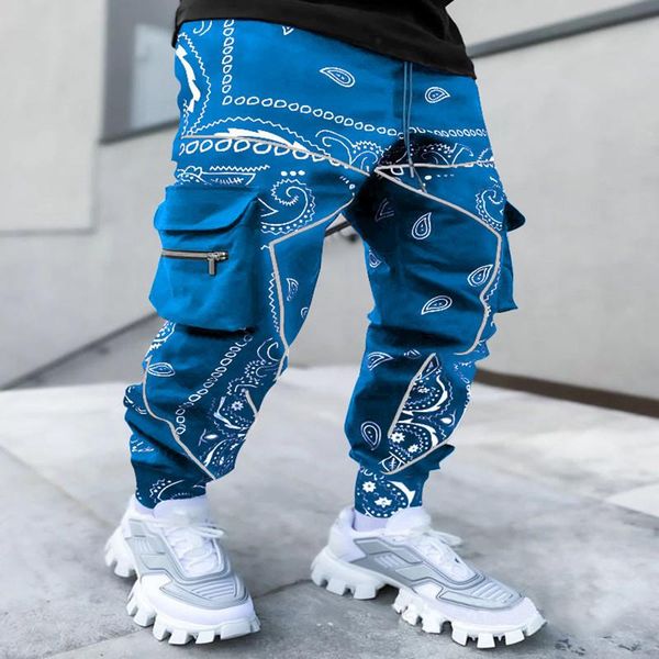 

men's pants multicolor printed street wear overalls high harlan hip hop small feet multi-pocket casual trousers, Black