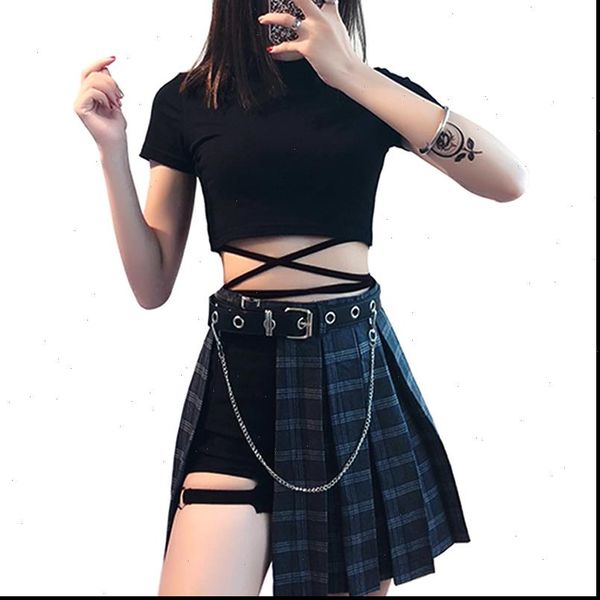 

2021 chains belted punk hip hop plaid skirt women irregular high waist pleated skirts asymmetrical a line cool skirts, Black