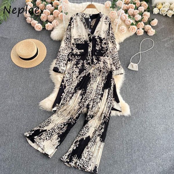 

women's two piece pants neploe office lady style 2021 pant sets women leopard print x-long + all-match ankle length wide-leg 2pcs fema, White