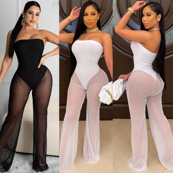 

women's pants & capris mj206 fashion mesh tube tight wide leg jumpsuit wholesale trousers women plus size streetwear baggy, Black;white