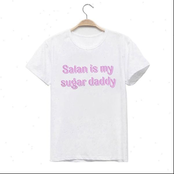 

satan is my sugar daddy letter print pink t shirt spoof personality vogue new harajuku casual loose women clothing, White