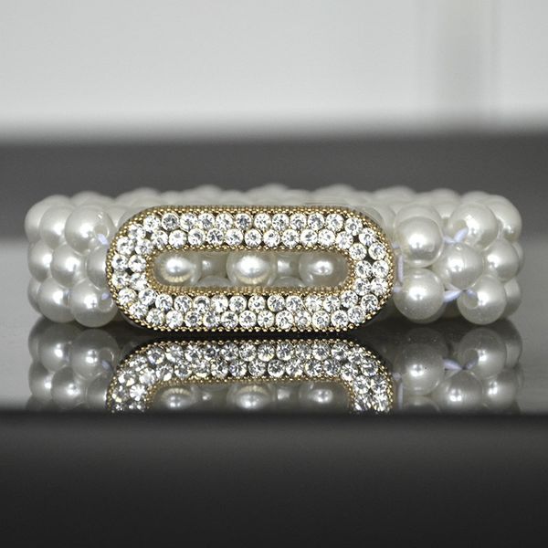 

women's waist belt women's elastic pearl waist chain diamond inlaid oval buckle belt, Black;brown