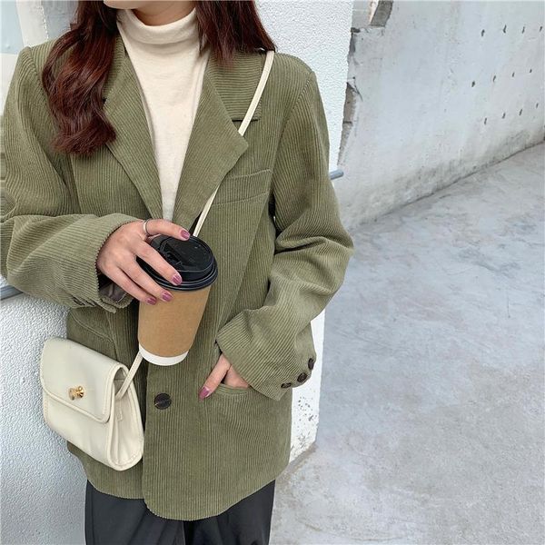 

women's suits & blazers single breasted retro thick corduroy blazer long sleeve office lady 2021 women outerwear loose suit jacket coat, White;black