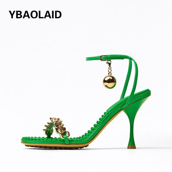 

sandals open toe cowhide stiletto fashion 2021 summer style chain ankle strap small golden ball decoration high heels, Black