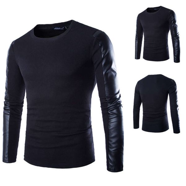 

new fashion trend sweater round neck long sleeve pu match splicing t-shirt, Black