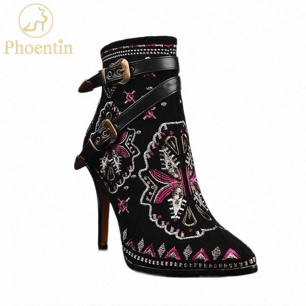 

phoentin embroider stiletto boots women fashion genuine leather suede ankle boots ladies narrow band buckle shoes black ft811 m79c#