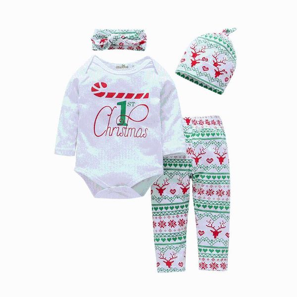 

clothing sets first christmas baby girl clothes infant boy long sleeve fall set 4piece bodysuit pants hat headband, White