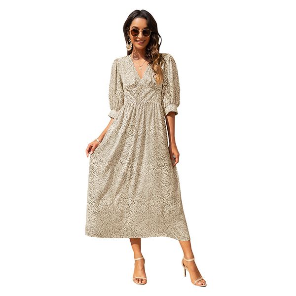 

summer new style vneck fashion print midsleeve big swing dress, Black;gray