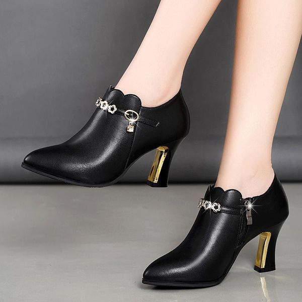 

boots plus size women ankle 2021 winter warm plush chain high heels dress shoes pointed toe black booties ladies 8377c