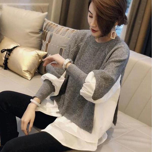 

women's sweaters korean knitted sweater 2021 winter oversize patchwork ruffle lantern sleeve female pullover plus size 4xl warm, White;black