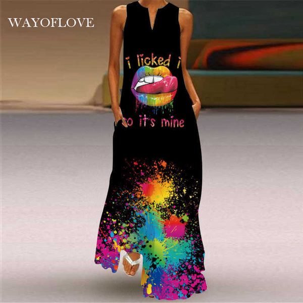 

wayoflove mouth print black dress casual plus size long dresses summer beach woman sleeveless maxi dress women elegant 210602, Black;gray