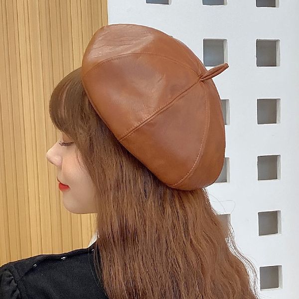 

fashionable and versatile pu leather beret for women autumn winter british net red hat black painter hat fashion, Blue;gray
