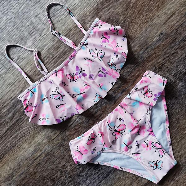 

2021girls swimsuit flounce two piece children's swimwear butterfly print girl bikini set 7-14 years girl bathing suit beachwear