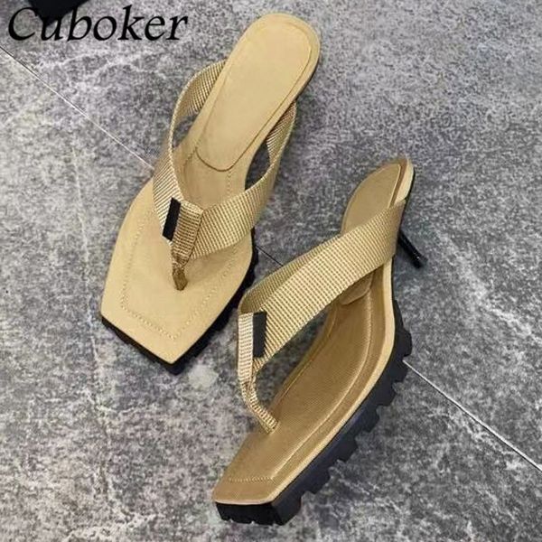 

fashion brand runway flip flops women high heel sandals square toe quality stretch fabric slides summer beach shoes 60% off store online, Black