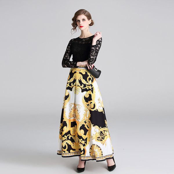 

casual dresses fashion runway spring summer sleeve long dress women's vintage gold print patchwork black lace party maxi eiar, Black;gray