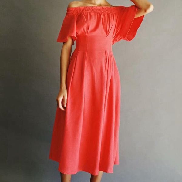 

casual dresses off shoulder women summer dress 2021 o-neck short sleeve a-line long for vestidos, Black;gray