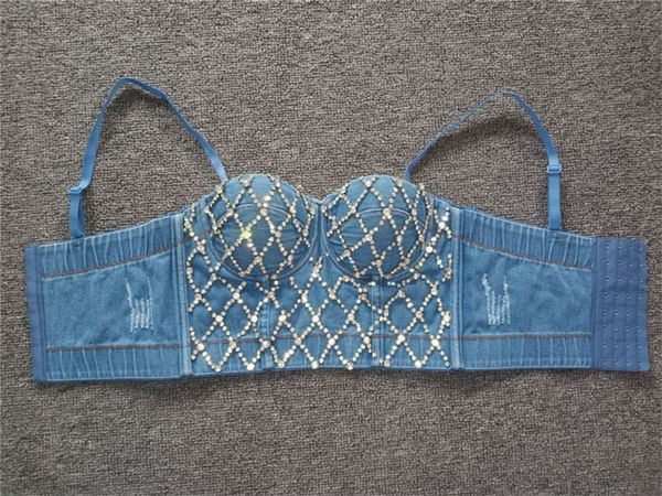 

bodycon crop crystal chains denim blue slim srapless camis women 2020 summer streetwear sweet young style camis, White