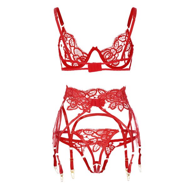 

3Pieces/Lot Sexy Exquisite Lace Embroidery Women Lingerie Perspective Ultrathin Bra+Garter+Briefs Set Babydoll Sleepwear lenceria sexy, Red
