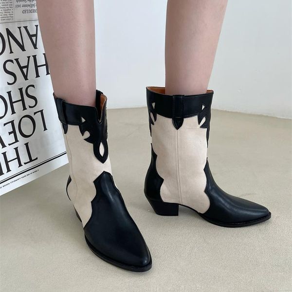 

boots pointed thick heel cowboy short women 2021 splicing british style european and american children, Black