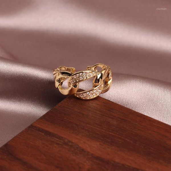 

cluster rings 2021 korean design fashion jewelry exquisite copper inlay zircon simple hollow irregular opening adjustable female ring, Golden;silver
