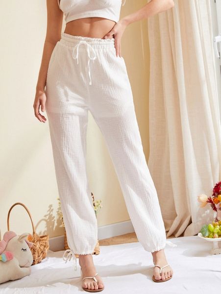

solid high waist drawstring pants v4e4#, Black;white