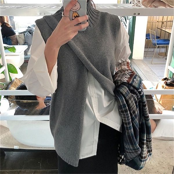 

2021 turtleneck new sleeveless sweater spring autumn women vest sweaters knitting joker knitted vests wool oversize pullover rqx1, Black;white