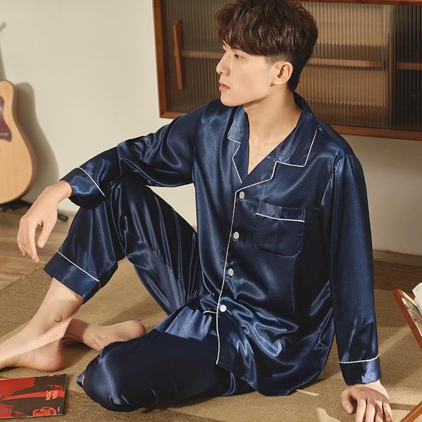 

men's sleepwear satin 2pcs sleep suit spring autumn loose pajamas turn-down collar shirt&pant homewear casual with pocket, Black;brown