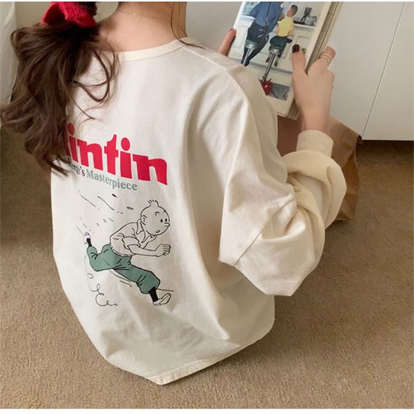 

new 3colors 2021 spring autumn korean style cotton print split thin long sleeve t shirts womens loose tee shirt femme (x1769) kmbw, White