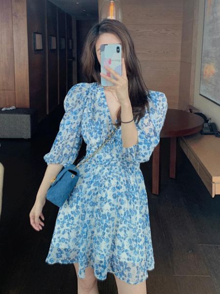 

party dresses 2021 plus size women clothing summer french style vintage broken floral short chiffon fairy puff sleeve midi dress, White;black