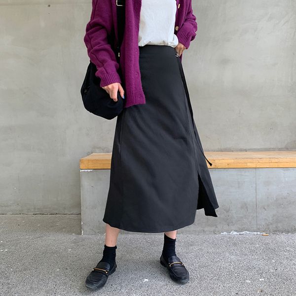 

2021 new sml midi skirt women solid color long female korean style side lace up high elastic waist a line skirts womens (f4086) h7bf, Black