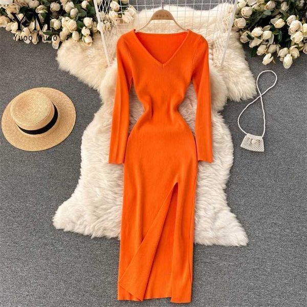 

yuoomuoo french long high split knit full sleeve dress ladies autumn winter solid sweater bodycon vestidos 211220, Black;gray