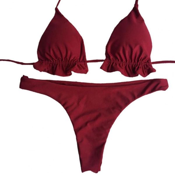 

women's swimwear bikinis set women solid color push up ruffle padded bra low cut thong two piece bathing suits beach party, White;black