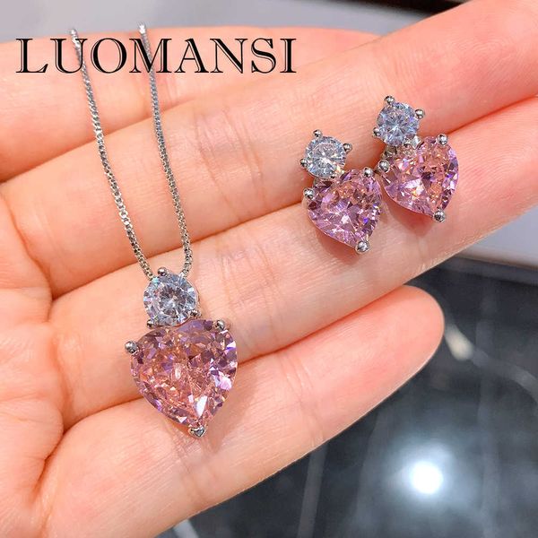 Luomansi Rosa Diamant mit hohem Kohlenstoffgehalt, herzförmig, 925er Silber, Schmuck, Halskette, Anhänger, Ohrringe, Damen-Party-Set
